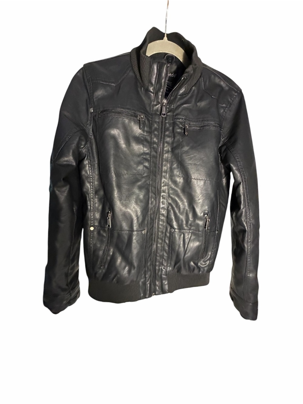 WANTDO Black PU Leather Bomber Jacket - Comfortable Zip Front Sz 14-16